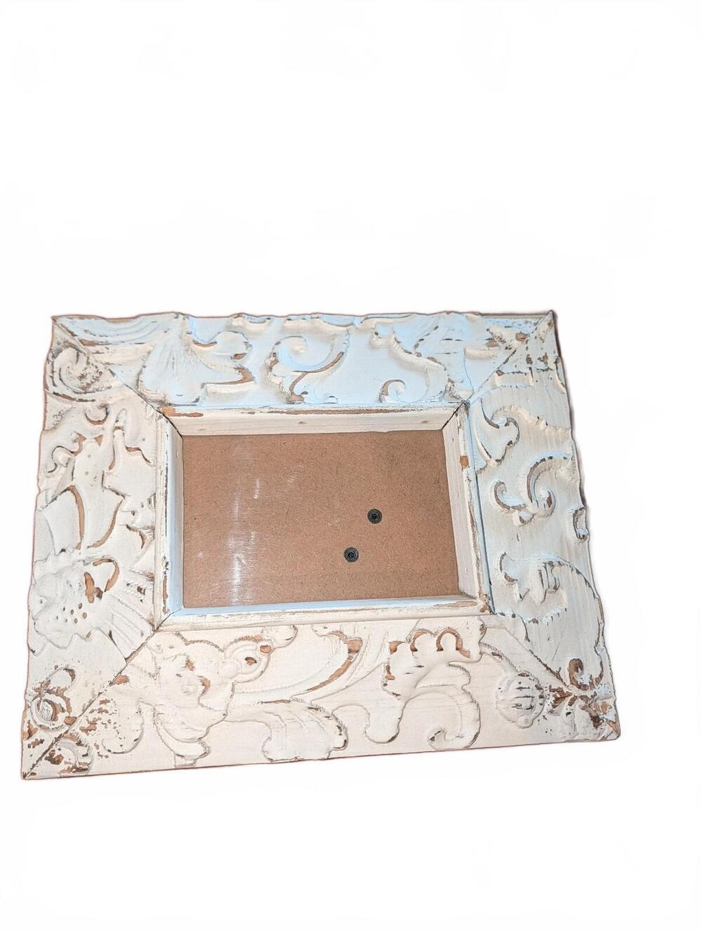 Vintage Ornate White Wood Picture Frame with Floral Carvings